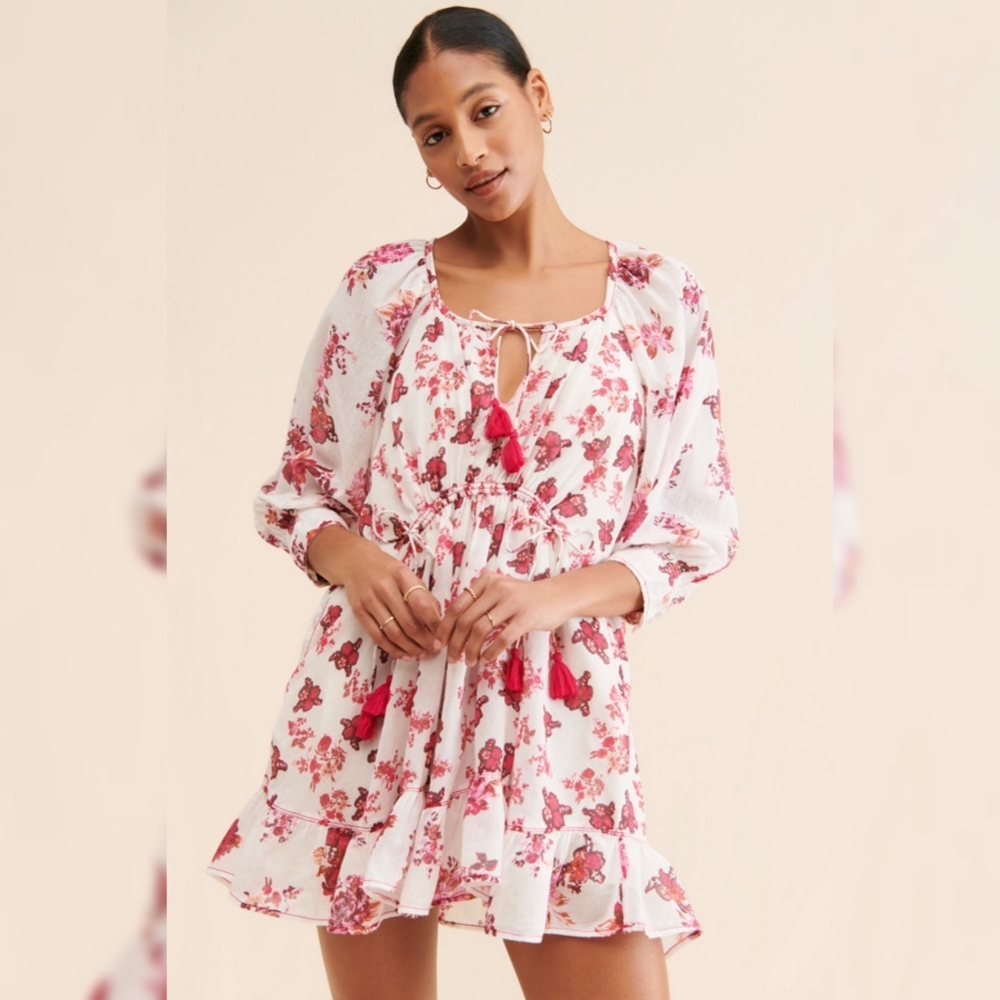 Free People Camella Mini Dress‎ White And Pink Floral Print Women's Size Large